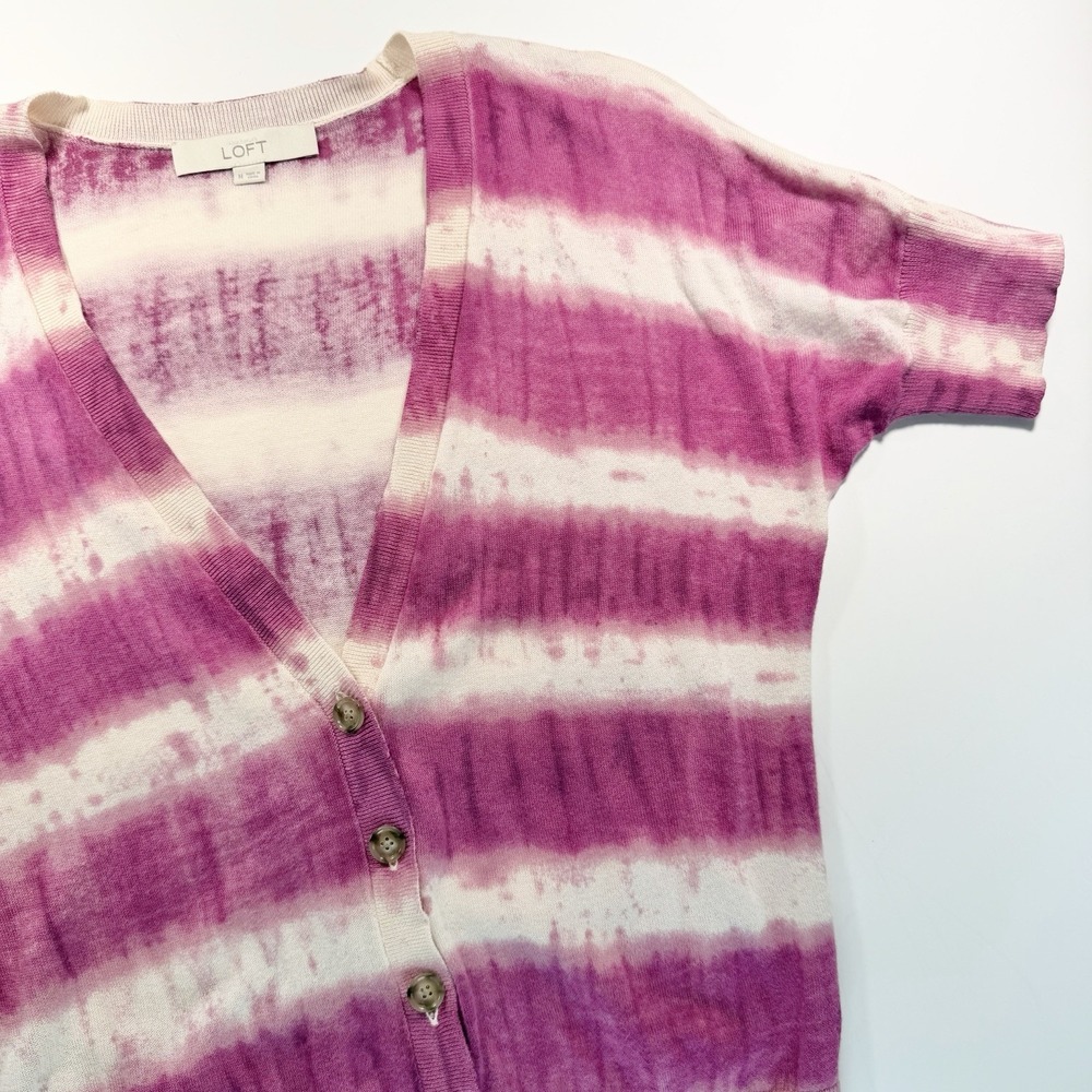 Loft Short Sleeve Cardigan Sweater Tie Dye Pink Ivory Medium Boho